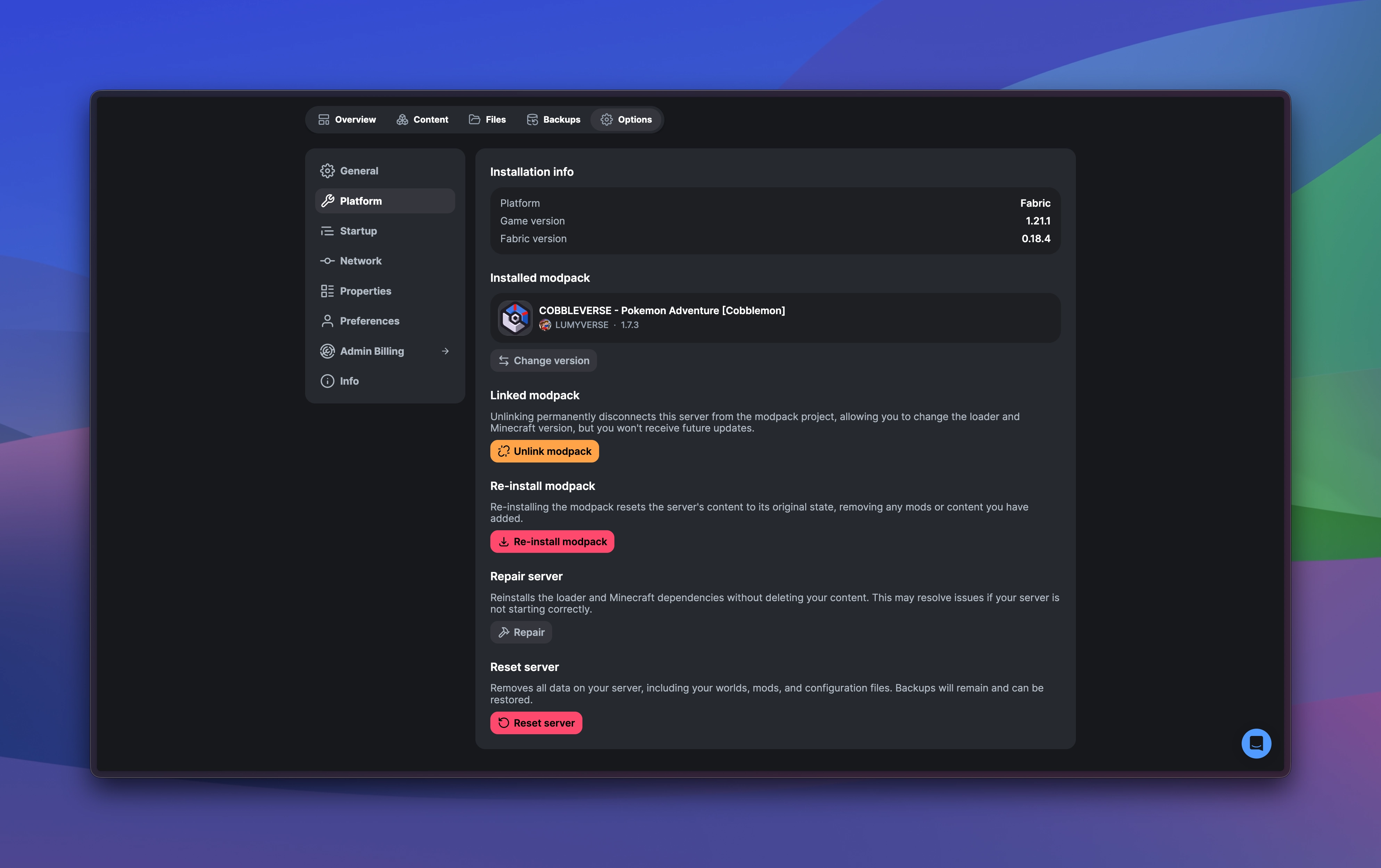 A screenshot of the updated "Platform" tab in the Modrinth Hosting panel options, allowing you to edit the modpack you have installed, unlink your server from the modpack, re-install, repair, or reset your server.